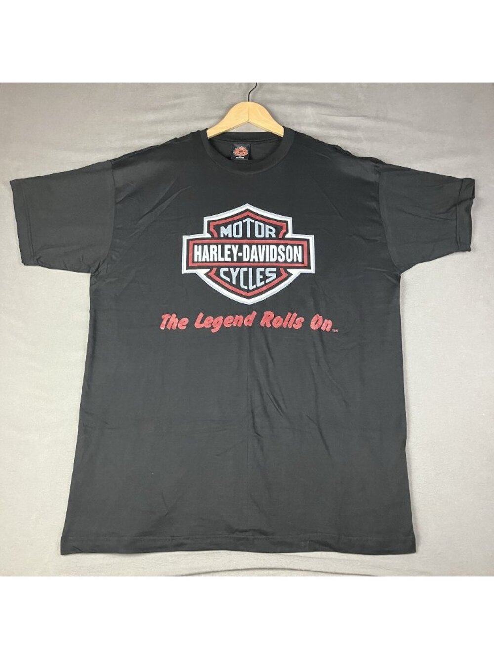 Vintage 90s Harley Davidson Black Graphic T Shirt The Legend Rolls On Size 2XL